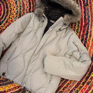 Salomon Women's Light Gray Puffer Jacket with Faux Fur Hood